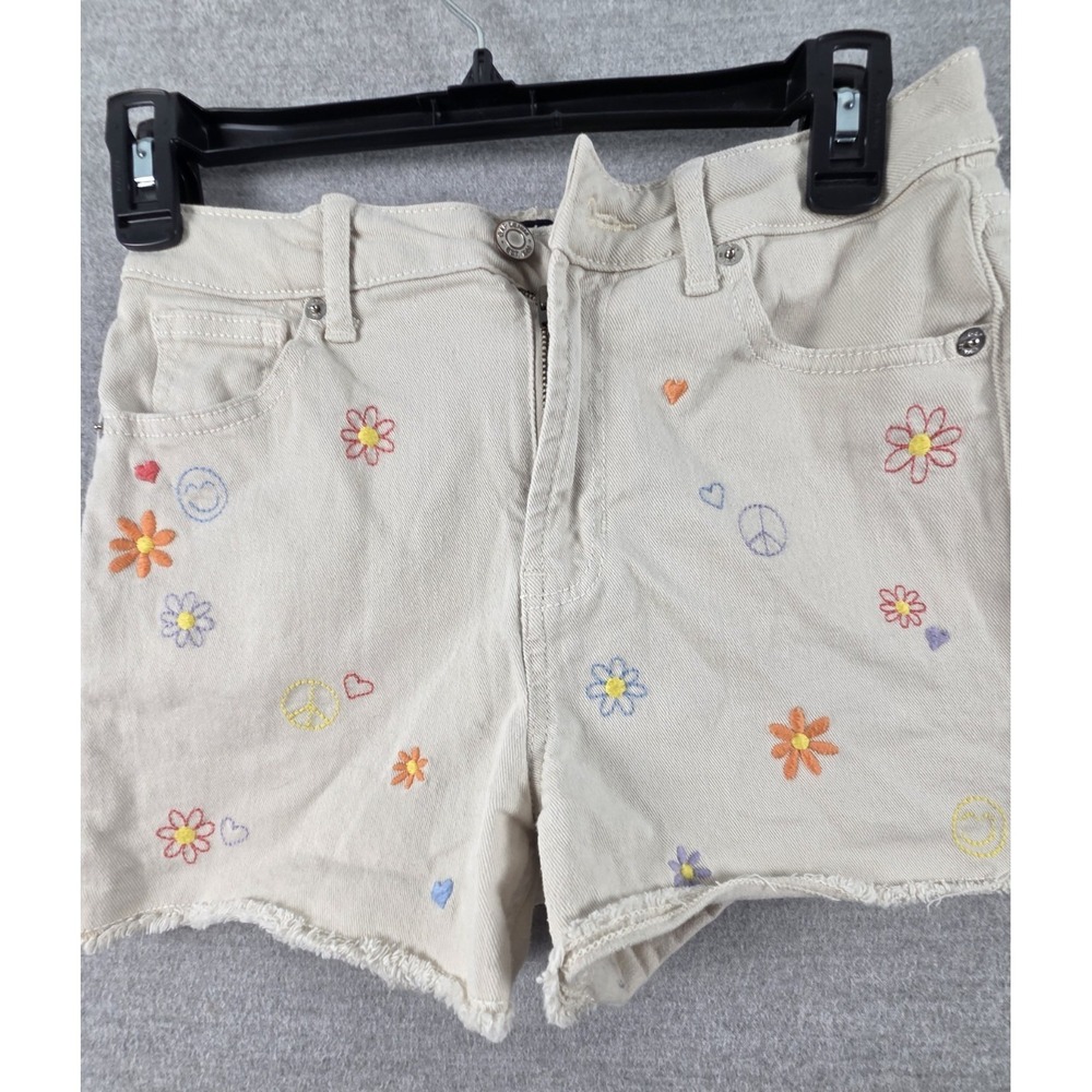 Gap Denim Girls 14 Mom Jean Shorts Khaki Embroidered Flowers Boho Festival